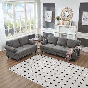 Divano Moderno Classico 2+3 Posti in Tessuto Grigio per Soggiorno, Rivestito in Poliestere con Design a Borchie - Product Image 1