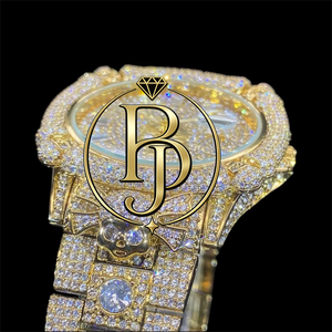BRIVA JEWELS นาฬิกาข้อมือหรูหรา ประดับเพชรเต็มเรือน ชุบทอง ขนาด 44 มม. กลไกเซี่ยงไฮ้ หน้าปัดลายหัวกะโหลก แสดงเวลาแบบอนาล็อก พร้อมปฏิทิน กันน้ำได้ 3BAR - Product Image 4