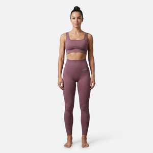 <b>Women</b> Mauve Ribbed Sports Bra and High Waist <b>Leggings</b> Two Piece <b>Seamless</b> Yoga Activewear Set - Product Image 1