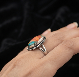 Bague en argent avec turquoise et cuivre, bague statement ovale multicolore en pierres précieuses, bijoux vintage bohème western - Product Image 6
