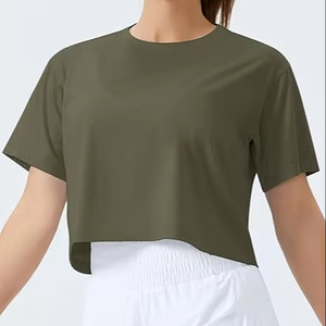 Women's Black <b>Crop</b> <b>Top</b> Crew Neck Short Sleeve Solid Color Loose Fit Oversized Knitted T-Shirt Spring Summer Breathable - Product Image 5