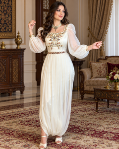Mishkat Couture Caftan Maxi Marocain Karakou Ivoire Badroun Broderie à la main Fil de soie Perles Strass Ornements Cloche - Product Image 5