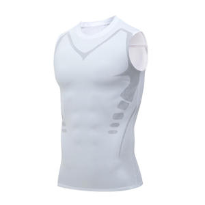 Débardeur sans manches pour homme, col rond, imprimé géométrique, séchage rapide, sportif, tricoté en polyester, noir et bleu - Product Image 2