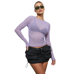 Slim Fit Sheer Mesh Blouse for Women <b>Long</b> Sleeve Round Neck Plain Transparent Layering Top with Straight Hem Custom Label <b>Shirts</b> - Product Image 1