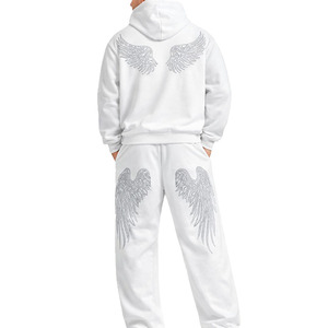 White Hooded Tracksuit Full Length Casual Jogger Set With Angel Wings Rhinestone Print Side Pockets Elastic Waist Unisex Adult - Product Image 2