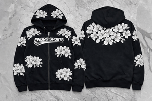 Sweat-shirt personnalisé avec impression en relief – Motif fleur blanche |   Sweat à capuche noir zippé |   Fabricant OEM de sweats à capuche avec motif de fleurs de carnation - Product Image 4