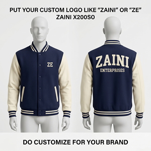 Chaqueta Varsity para hombre de mezcla de lana gruesa de 430 GSM, color azul marino, con mangas de cuero PU gris, logotipo bordado en chenilla personalizado. - Product Image 3