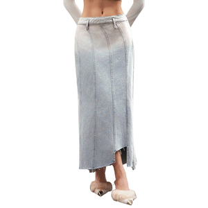 Jupe longue trapèze en jean délavé pour femme, taille haute, 100 % coton, brodée, fermeture éclair latérale arrière, style décontracté et streetwear - Product Image 1