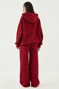 Wholesale Women's <b>Red</b> Leopard Print 2 Piece Tracksuit Set Premium <b>Hoodie</b> & Women's Soft Wide Leg Casual Streetwear Fleece Jogger - Product Image 2