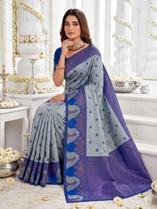 Sari de Seda con Estampado Digital Azul Grisáceo Tradicional para Mujer, Estilo Indio-Pakistaní, Largo hasta el Suelo, Corte Regular, Antiarrugas, para Bodas - Product Image 4