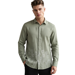 Chemise à manches longues pour homme, imprimé floral vert sauge, boutonnée, coupe ajustée, chemise habillée décontractée, fournisseur de vêtements personnalisés - Product Image 1
