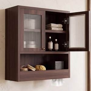 Armoire murale de luxe en teck foncé avec portes en verre cannelé, 3 niveaux, pour salle de bain, avec emplacement pour les mouchoirs - Product Image 2