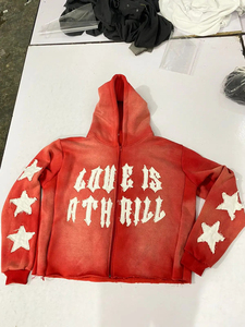 เสื้อฮู้ดดี้ผู้ชายผ้าฝ้ายทรงโอเวอร์ไซส์สีแดงวินเทจสไตล์ฝรั่งเศส  แบบซิป  ฟอกสีทำเก่า - Product Image 5