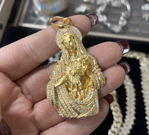 จี้พระแม่มารีชุบทองประดับเพทาย สร้อยคอเครื่องประดับคาทอลิกสำหรับเป็นของขวัญ - Product Image 1