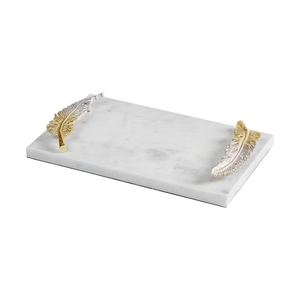 Wholesale Luxury Rectangular <b>White</b> Marble Dining Tray Bulk Hotel Restaurant Serving Platter Elegant Feather Handle Tableware - Product Image 2