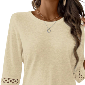 Camisa Casual de Mujer, Manga Tres Cuartos, Cuello Redondo, Corte Regular, Detalle de Encaje, Ropa Elegante para el Día a Día, 100% Algodón Suave - Product Image 6