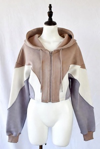 100% Cotton Winter Streetwear Crop <b>Top</b> Hooded Front Casual Oversized Printed Color Blocked Canvas Hoodie for <b>Women</b> - Product Image 2
