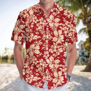 Chemise hawaïenne rouge à fleurs pour homme, manches courtes, col rabattu, chemise de vacances, vêtements d'été - Product Image 5
