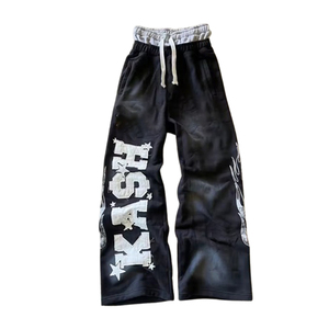 Pantalon de survêtement noir imprimé pour homme, taille élastique avec cordon de serrage, logo lettre décontracté sur la jambe gauche, tricoté mi-lourd, style automne - Product Image 1