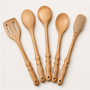 Ensemble de cuillères de cuisine en bois avec logo personnalisé, spatules en bois en gros avec manche long en rotin, ustensiles de cuisine - Product Image 3