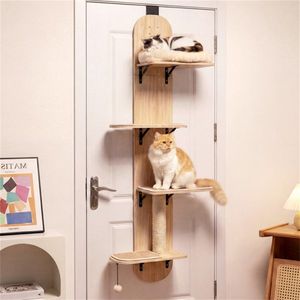 Arbre à chat suspendu beige à 5 niveaux, griffoir à 4 étages avec hauteur réglable, sans perçage requis pour une utilisation pratique en appartement - Product Image 4