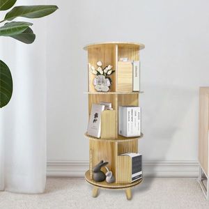 <b>Solid</b> Pine <b>Wood</b> 360 Rotating <b>Bookcase</b> 3-Layer Modern Minimalist Display Rack for Living Room <b>Solid</b> Panel Bookshelf - Product Image 4
