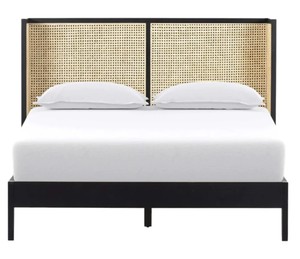 Modern Rattan Headboard <b>Bed</b> <b>Frame</b> Wooden Bedstead Black and Natural Panel <b>Bed</b> for Hotel Home Bedroom - Product Image 1