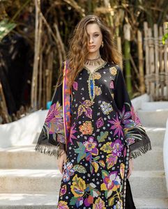 Women Traditional Embroidered <b>Kurta</b> Floor-Length Loose Fit <b>Silk</b> Black Floral Print Casual Wear India Pakistan Style All Seasons - Product Image 3