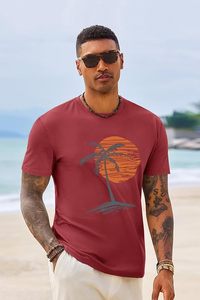 Camiseta Roja de Manga Corta para Hombre con Estampado de Palmeras al Atardecer, Cuello Redondo, Informal, de Algodón Transpirable, Corte Regular - Product Image 3