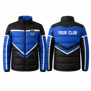 Chaqueta Varsity de Invierno Personalizada para Hombre, Ecológica, con Capucha, Cuello Alto, Bloques de Color Azul y Negro, Insignia Frontal, Cremallera Resistente al Viento - Product Image 1