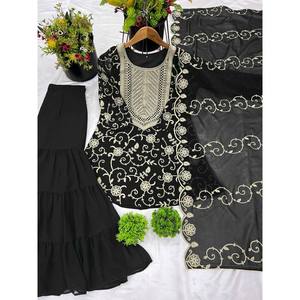 Top de soirée pour femmes de créateur-Ensemble Sharara et Dupatta Broderie lourde Travail Look élégant - Product Image 6