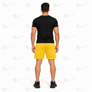 Shorts Bermuda en maille jaune pour homme, taille mi-haute, cordon de serrage, séchage rapide, décontracté, athlétique, couleur unie, logo frontal, maille tricotée - Product Image 4