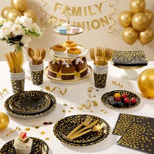 Set di Stoviglie Usa e Getta con Pois Dorati e Neri, 175 Pezzi per 25 Ospiti, Piatti di Carta da 9 e 7 Pollici, Kit per Feste - Product Image 3