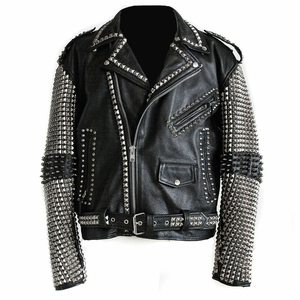 Blousons en cuir véritable cloutés respirants à col montant pour hommes, collection hiver 2026, personnalisables avec logo, style décontracté motard, vente en gros - Product Image 1
