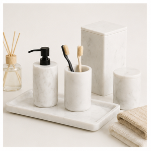 5-Piece Natural White Marble Bathroom Accessory Set Elegant Handcrafted Stone <b>Soap</b> Dispenser Toothbrush <b>Holder</b> For Hotel - Product Image 4