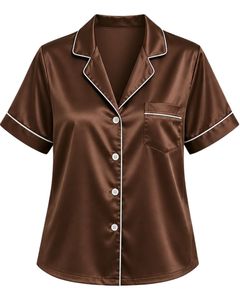 Conjunto de pijama de satén marrón chocolate personalizado para mujer, ropa de dormir de seda de lujo, traje de noche con botones, ropa de descanso suave de manga corta - Product Image 3