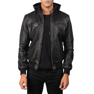 Men's Black Genuine Leather Waterproof Breathable Zip-Up Moto Style Casual Autumn Wear Bomber Jacket - Product Image 3