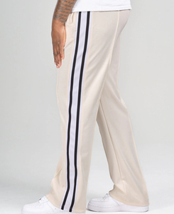 Pantalones de Pierna Recta Color Beige de Primera Calidad con Rayas Laterales, Corte Holgado, Cintura Elástica, Estilo Casual, Tejido Entrecruzado, Estilo Primavera - Product Image 4