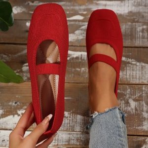 Zapatos planos Mary Jane con punta cuadrada para mujer, zapatos de ballet sin cordones, calzado cómodo informal de punto transpirable - Product Image 1