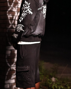 Conjunto de Sudadera con Capucha Pesada y Pantalones Cortos para Hombre, con Estampado Serigrafiado y Pedrería, con Cremallera y Cordón, Lavado Ácido, Dos Piezas, Libre de Impuestos en EE. UU. - Product Image 3