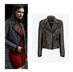 Veste en cuir véritable pour femme, style motard, coupe ajustée, noire, avec clous métalliques, neuve, style punk - Product Image 5