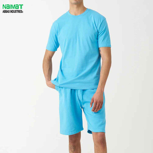 Ensemble T-shirt et short pour homme en coton bleu uni, col rond, décontracté, pour l'été, 2 pièces, tissu respirant tricoté - Product Image 4