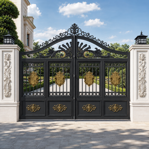 Puerta doble de hierro forjado negro de lujo con adornos dorados en forma de cresta, arcos decorativos y elegante diseño de entrada con pilares blancos. - Product Image 2