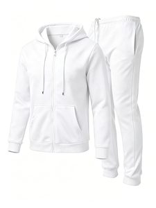 Conjunto de Sudadera con Capucha y Cremallera para Hombre, Color Blanco, Corte Regular, Felpa de Algodón, Informal, Invierno, Diseño Impermeable con Bolsillos - Product Image 1