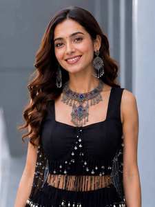 Conjunto de lehenga negro estilo Bollywood hasta el suelo con top corto con cuentas para mujer, ropa de fiesta, vestido étnico indio pakistaní - Product Image 4