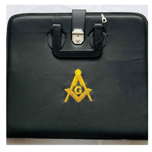 Uniquen Enterprises MCC04 Black <b>Leather</b> <b>Briefcase</b> Bag with Embroidered Masonic Logo Lockable Zipper Carry Case for Documents - Product Image 1