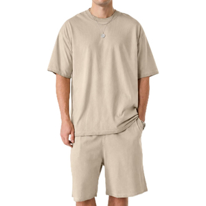Conjunto de camiseta y pantalones cortos de algodón azul sólido para hombre, conjunto informal de verano con camiseta de manga corta tejida y pantalones cortos a juego - Product Image 3