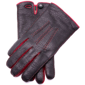 Gants d'hiver noirs en cuir véritable pour femmes, texture granulée, gants d'hiver à doigts entiers avec doublure en tricot et coutures rouges et bouton-pression - Product Image 1