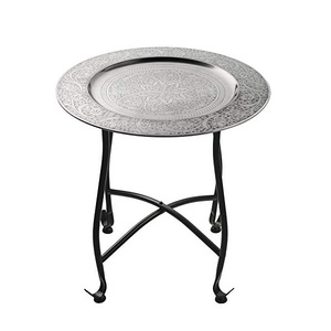 Table basse marocaine pliante pour hôtel restaurant Table d'appoint moderne en métal salon finition argentée gravure forme ronde - Product Image 1