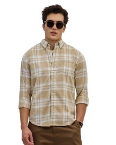 <b>Men</b> Beige And <b>White</b> Plaid Cotton <b>Shirt</b> Long Sleeve Button Down <b>Casual</b> Checked <b>Shirt</b> OEM Factory Custom Fit Wear Export Quality - Product Image 1